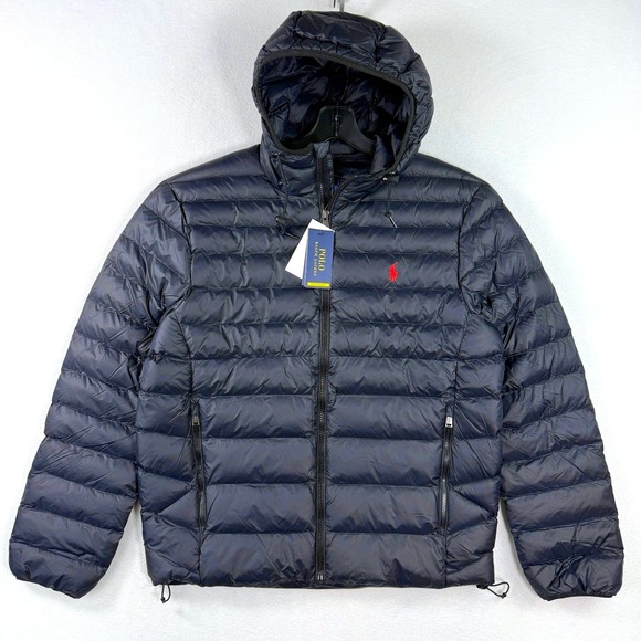 Polo Ralph Lauren Mens Puffer Hooded Jacket Performance Size L Navy Packable NEW